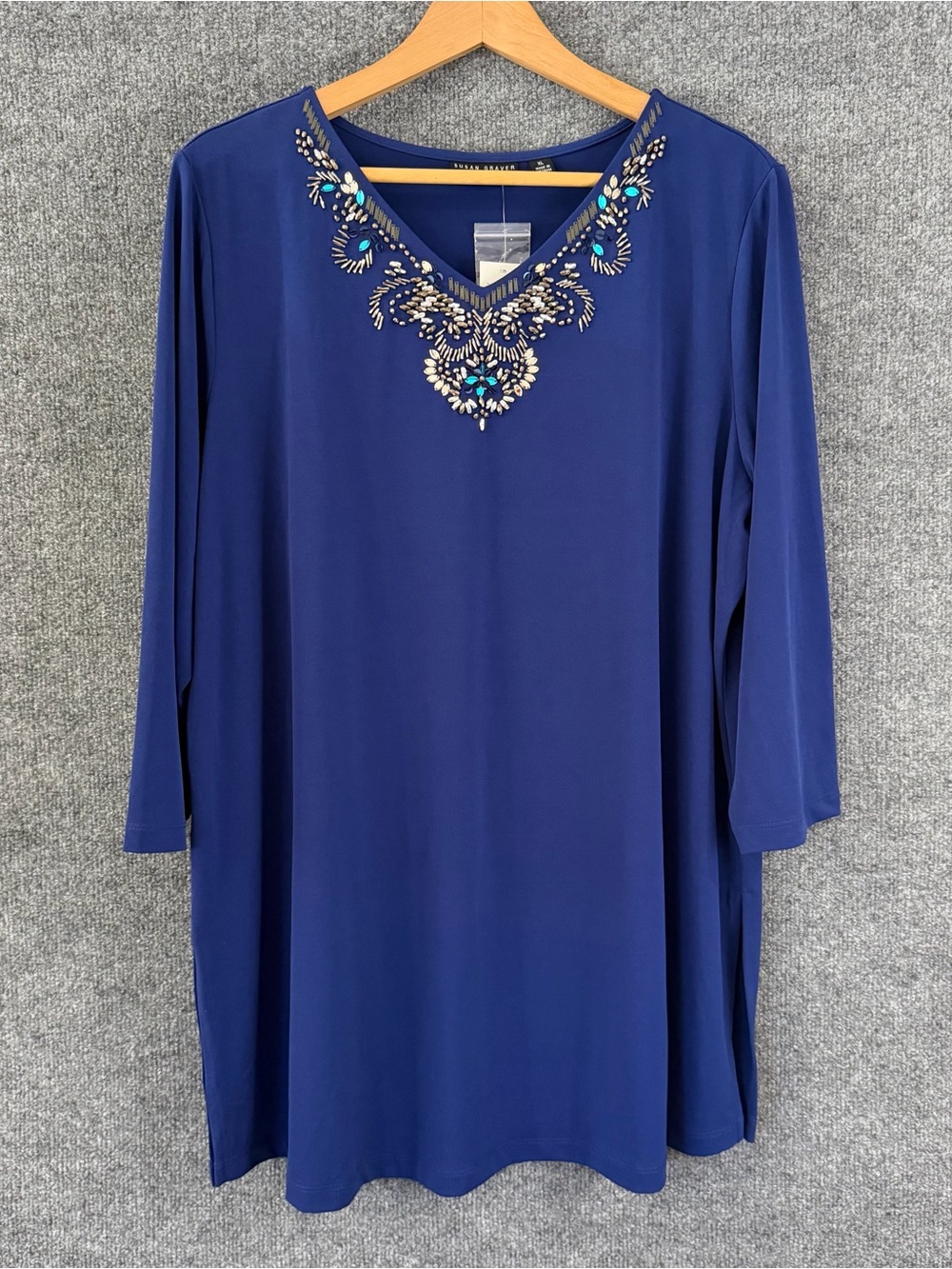 Susan Graver Womens XL Liquid Knit Beaded Neckline Tunic Top Blue 3/4 Sleeve